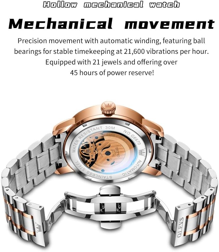 OLEVS Men Automatic Watch Diamond Skeleton Mechanical Luxury Self Winding Moon Phase Calendar Waterproof Wrist Watch for Men - Image 4