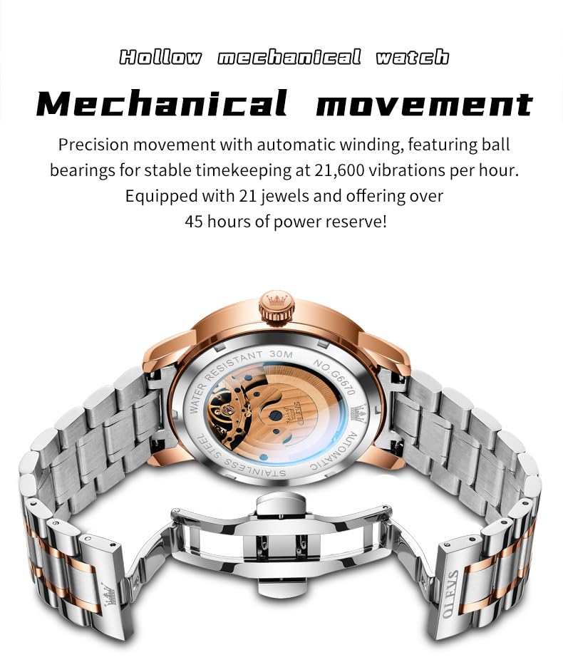 Image of OLEVS Men Automatic Watch Diamond Skeleton Mechanical Luxury Self Winding Moon Phase Calendar Waterproof Wrist Watch for Men