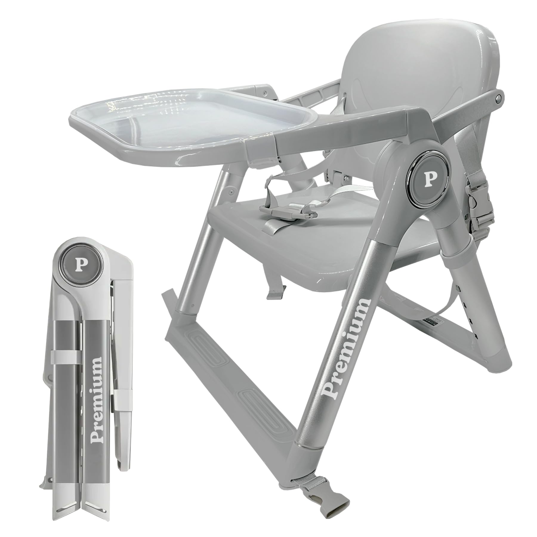 Trona Portátil Plegable Premium para Bebé 2 en 1, Elevador de Silla con Correas de Fijación, 4 Alturas, Bandeja Extraíble, Bolsa de Transporte, 6-36 Meses, hasta 15 kg (GRIS + PLATA)