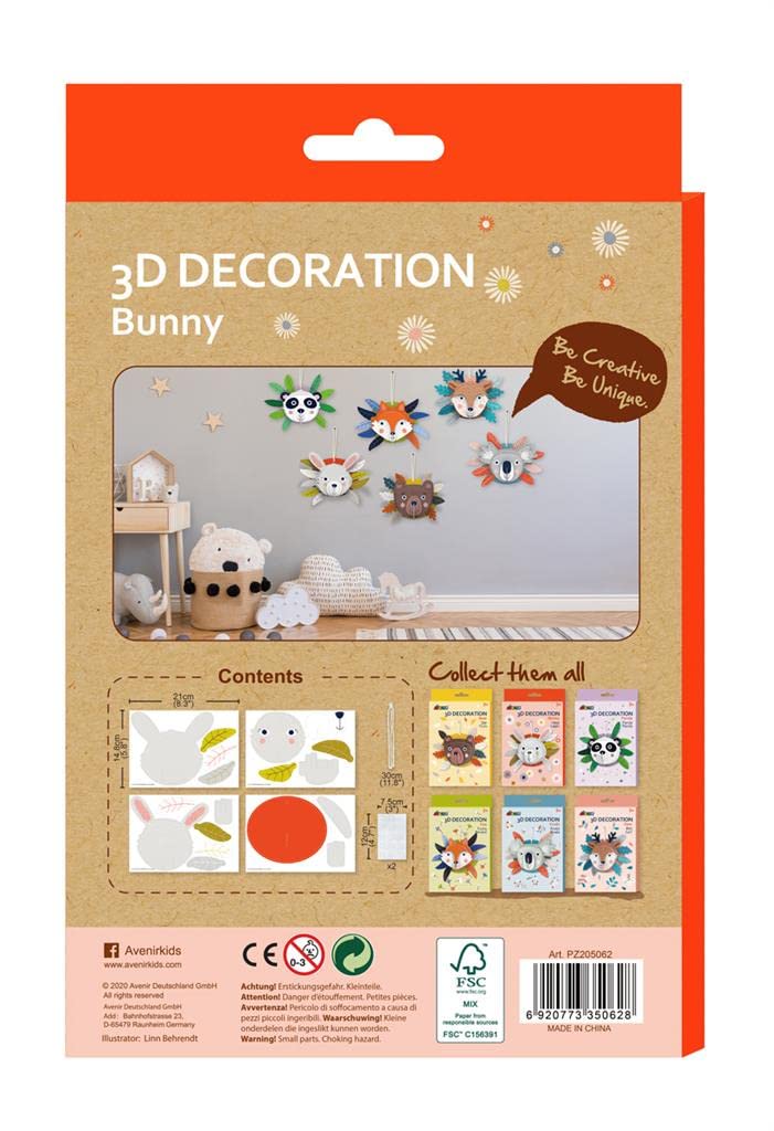 Avenir 3D Decoration - Bunny Kit | Turn Your Wall into a Zoo! Create 3D Decorations with Pre-Cut Cardboard Puzzle Pieces | Thoughtful and Creative Gift Option for Kids 3+