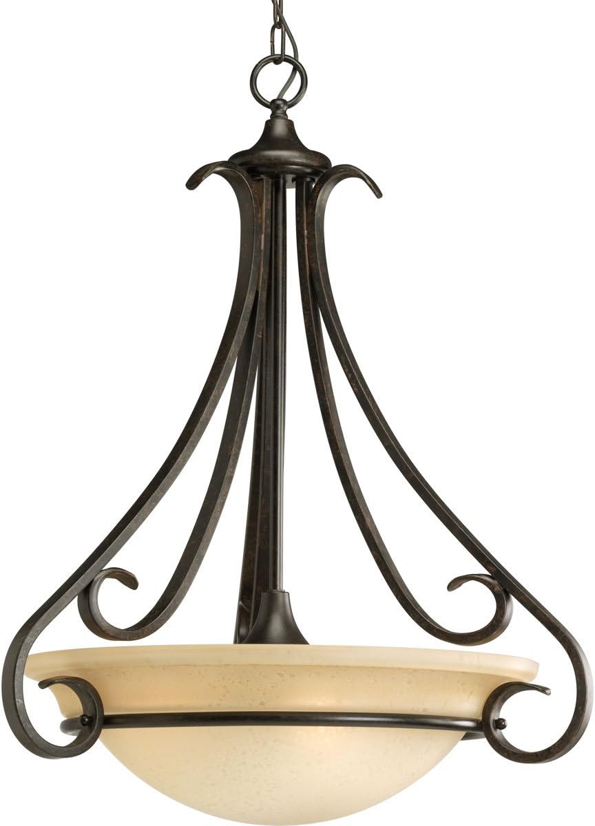 3-Light Tea Stained Glass Transitional Inverted Pendant Light, Torino Collection, Indoor, P3847-77, Forged Bronze