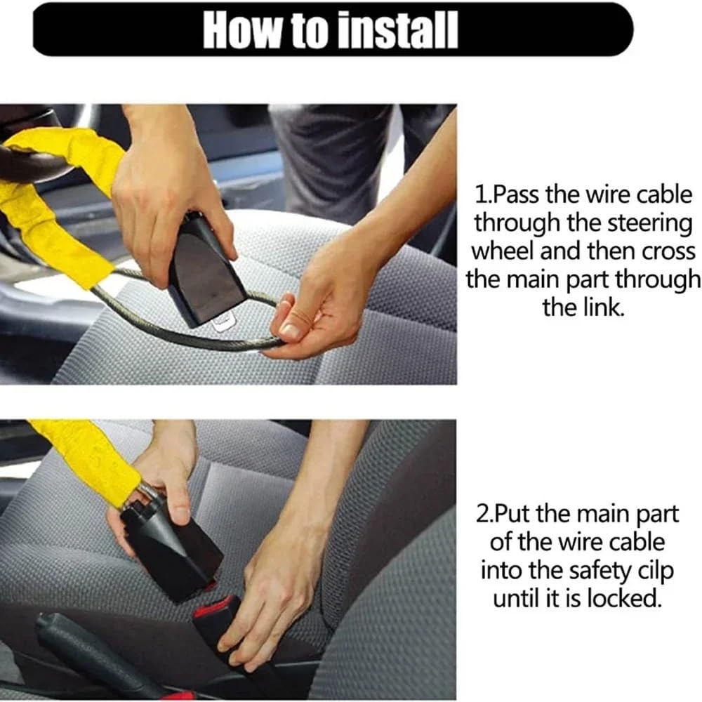 Antivols de voiture Verrou antivol pour véhicule, pour volant et ceinture de sécurité, 2 clés, Installation facile, dispositif pour voiture SUV Canne Antivol Voiture(Black)