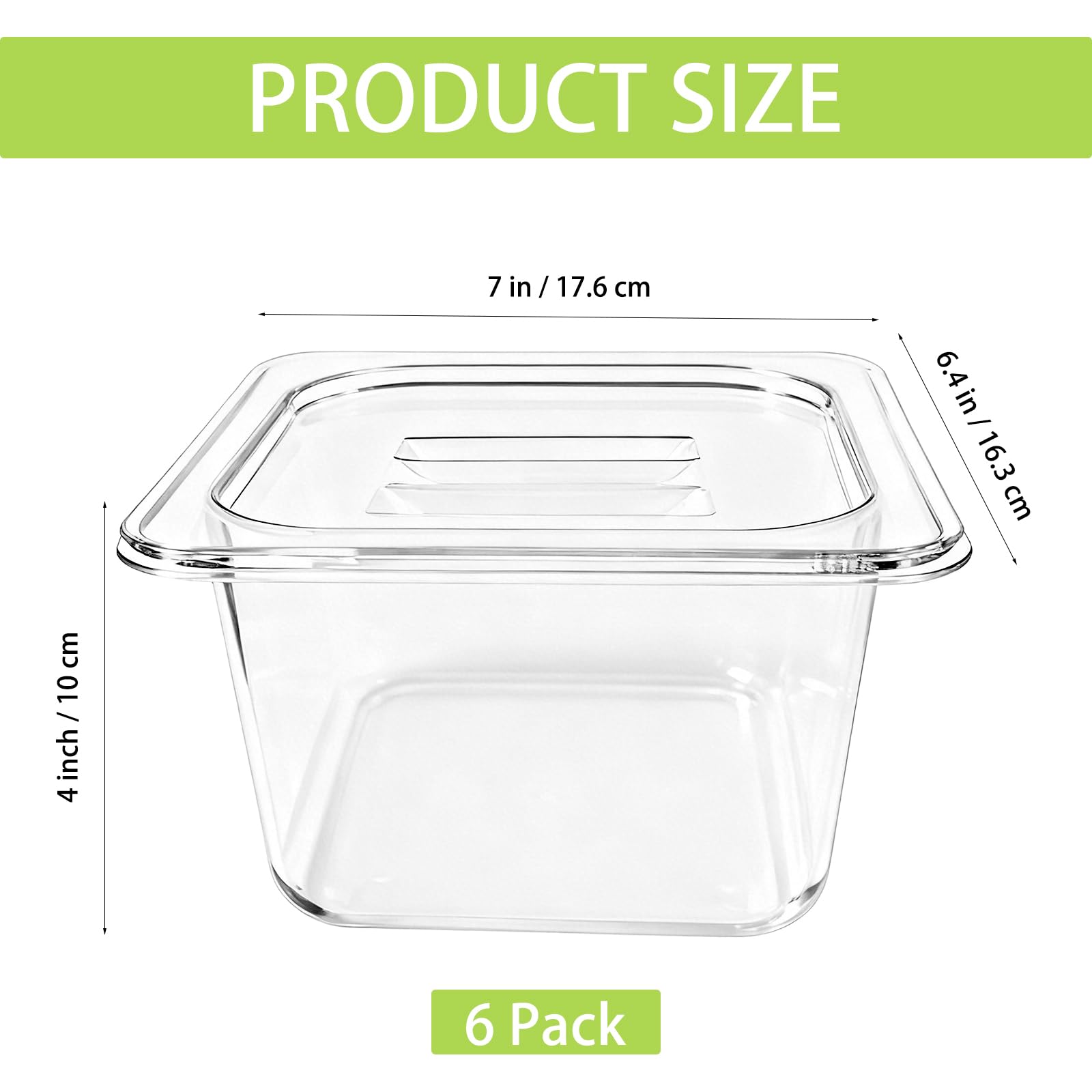 Cheardia 6 Stück 1/6 Größe Polycarbonat Lebensmittelpfannen mit Deckel, Kunststoff, transparent, Restaurantbehälter, Salatbarbehälter für Obst, Gemüse, Küche, Lebensmittelzubereitung, 10,2 cm tief