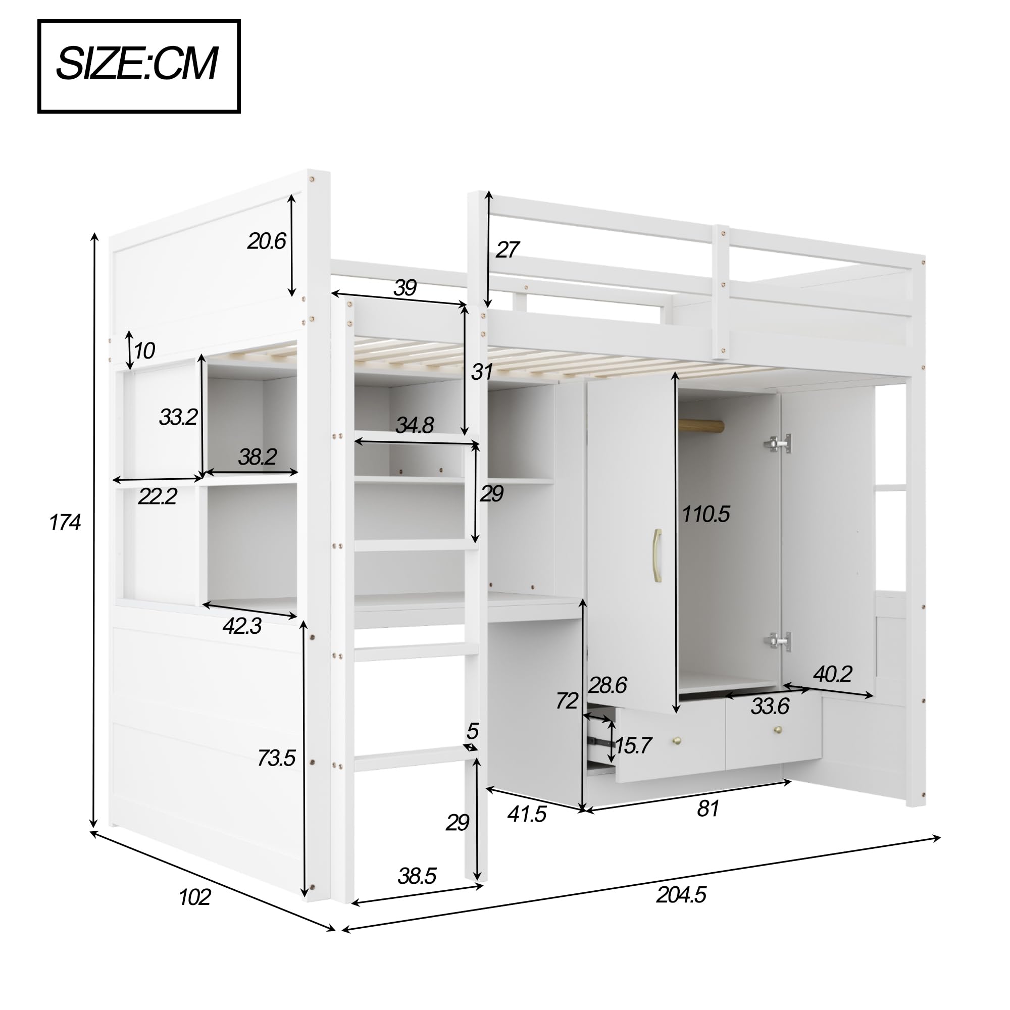 Kinderbett 90x200 cm, Hochbett mit Schreibtisch, Tisch mit Staufach, Kleiderschrank mit 2 Stauschublade, Etagenbett, Jugendbett, Bettgestell mit Lattenrost, Weiß, ohne Matratze