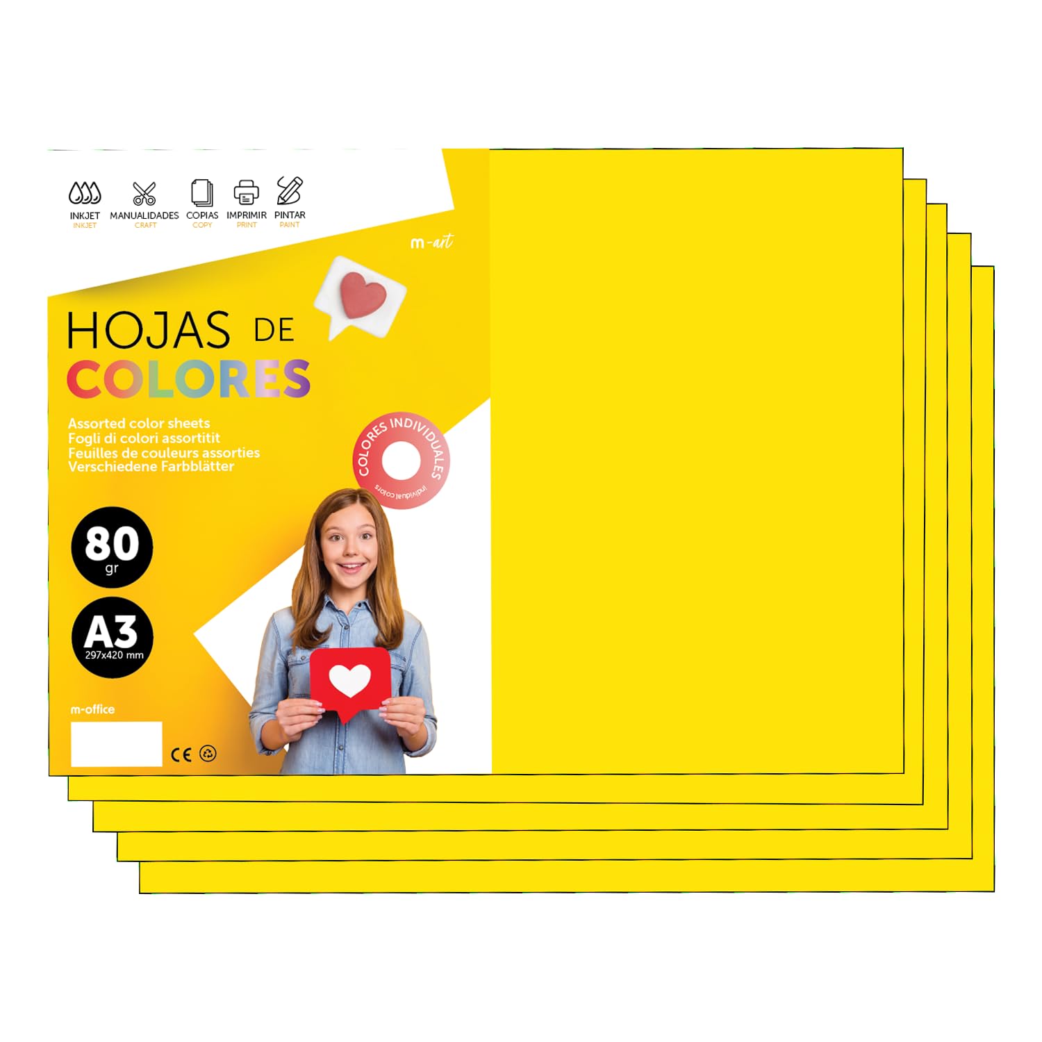Colourful Paper A3 80 g for Printers & Crafts, Coloured Sheets for Children, Creative Projects, Cards & School m-Office (500 Sheets, Yellow Strong)