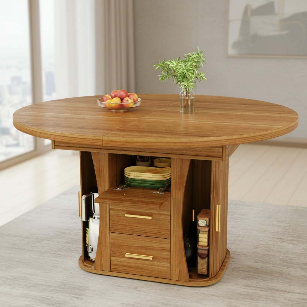 Table à Manger Extensible 118-158 cm, Table Ronde Salle Manger avec 2 Tiroirs, 3 Compartiments de Rangement, Table de Cuisine pour 6 Personnes, pour Cuisine Salon et Bureau, Finition Noyer