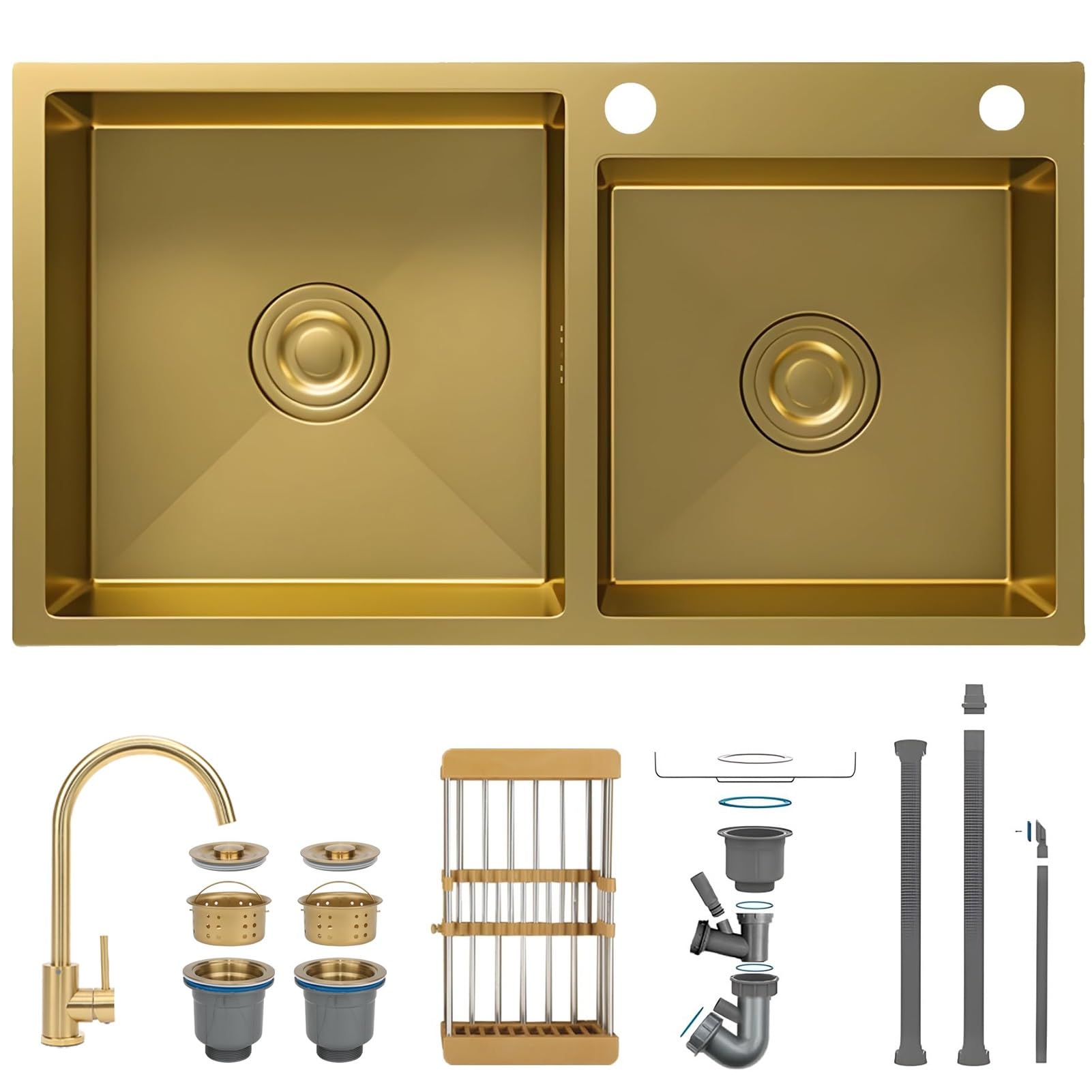 ZQFHSX Gold Stainless Steel Bar Prep Sink with Faucet, Undermount/Drop-in Single Bowl Golden Drain Strainer, Compact Workstation Set, RV & Kitchen Sink(Gold#3,80x45cm)