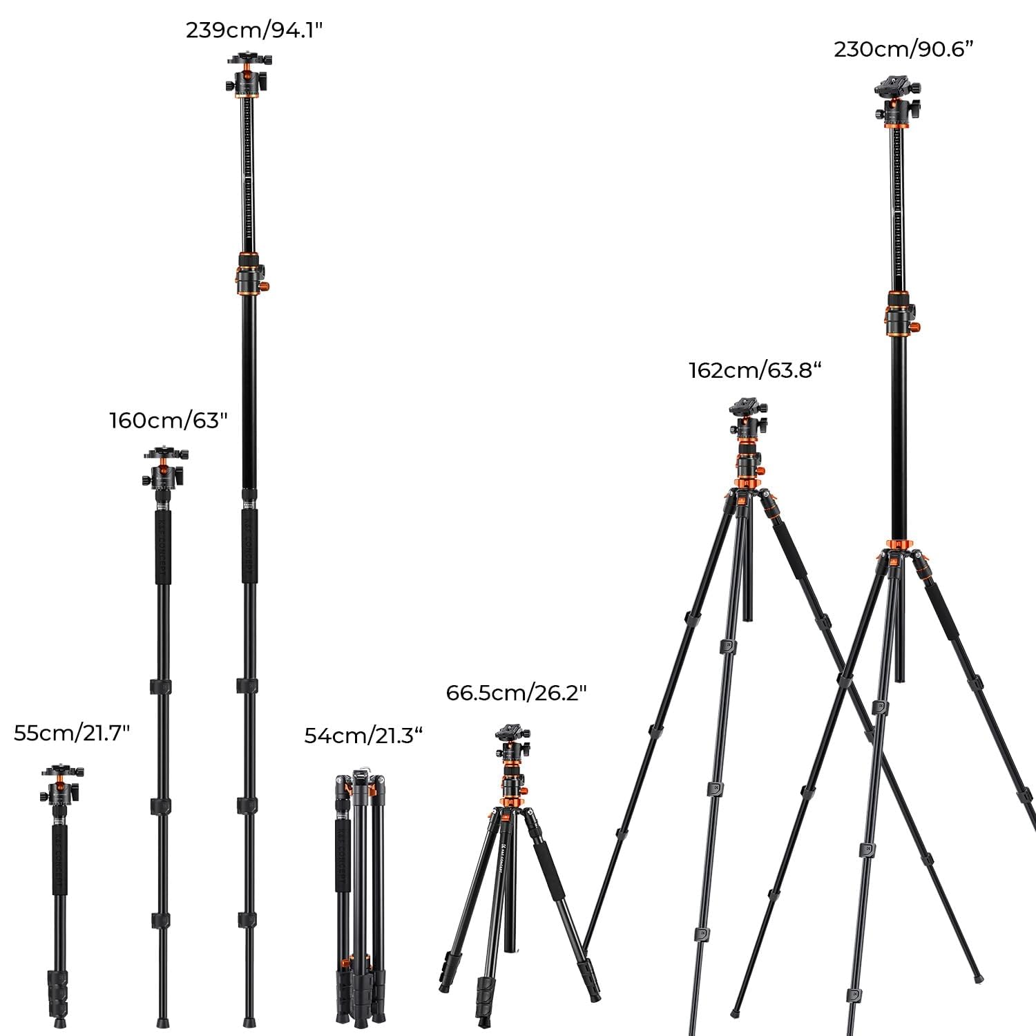 K&F CONCEPT Treppiede per Fotocamera Monopiede, 230cm Treppiede per Video Reflex con Braccio Orizzontale, Treppiede Professionale in Alluminio, con 360° Testa a Sfera per Camera Canon DSLR
