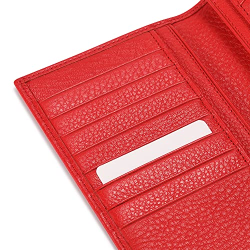 Image of HISCOW Full Grain Leather Men's Long Wallet, 15 Card Slots, Pebbled Red, 6.97 inchH x 3.5 inchW x 0.98 inchD, Classic | Gusseted bill compartment, tall bifold design, clear ID window, ideal for coat pockets or briefcases, turned-edge, gift box
