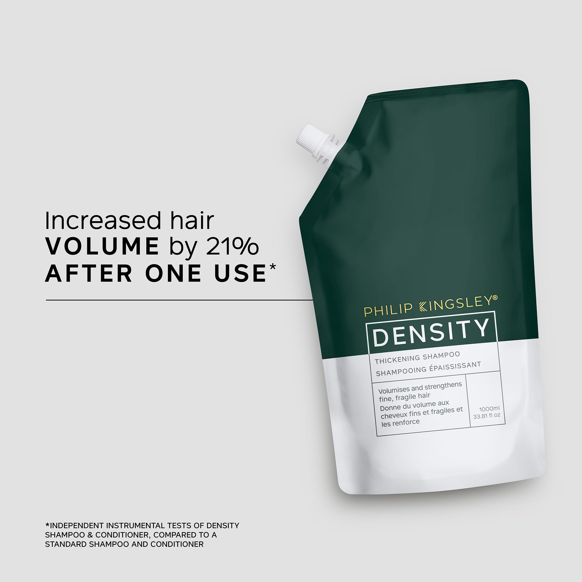 Philip Kingsley | Champú Espesante de Densidad | Para el adelgazamiento del cabello y la caída del cabello | Espesante y fortalecedor de cabello fino, frágil y fino | Bolsa de recarga de 1000ml