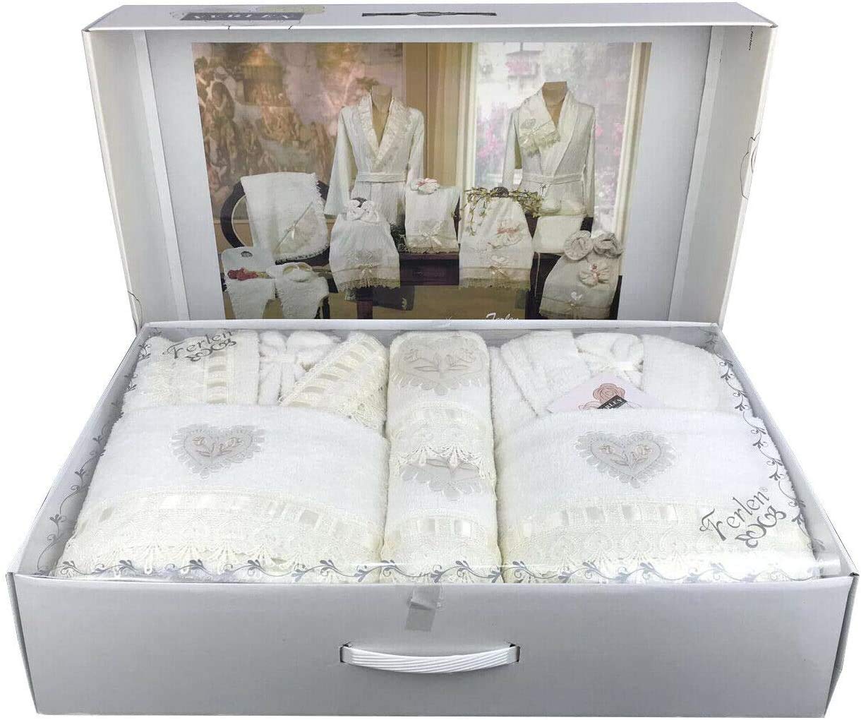 Alfionapoli CREAZIONI FERLEN Completo Bagno Asciugamani Accappatoi Uomo Donna Set Pizzo Idea Regalo Corredo