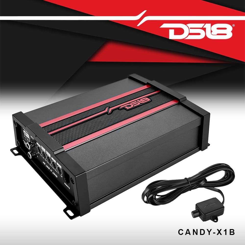 Close-up of the DS18 CANDY-X1B amplifier's control panel, showing gain, bass boost, LPF, subsonic filter, and phase controls.