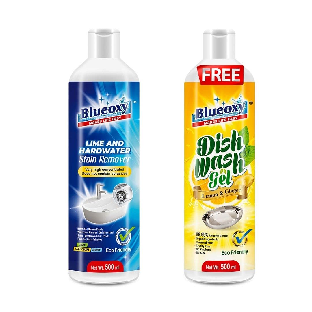 - Blueoxy Super Concentrated Lime & Hard stain Remover liquid - 500 ml + Blueoxy Dish Wash Gel with the Power of Lemon & Ginger - 500ml (Combo pack)