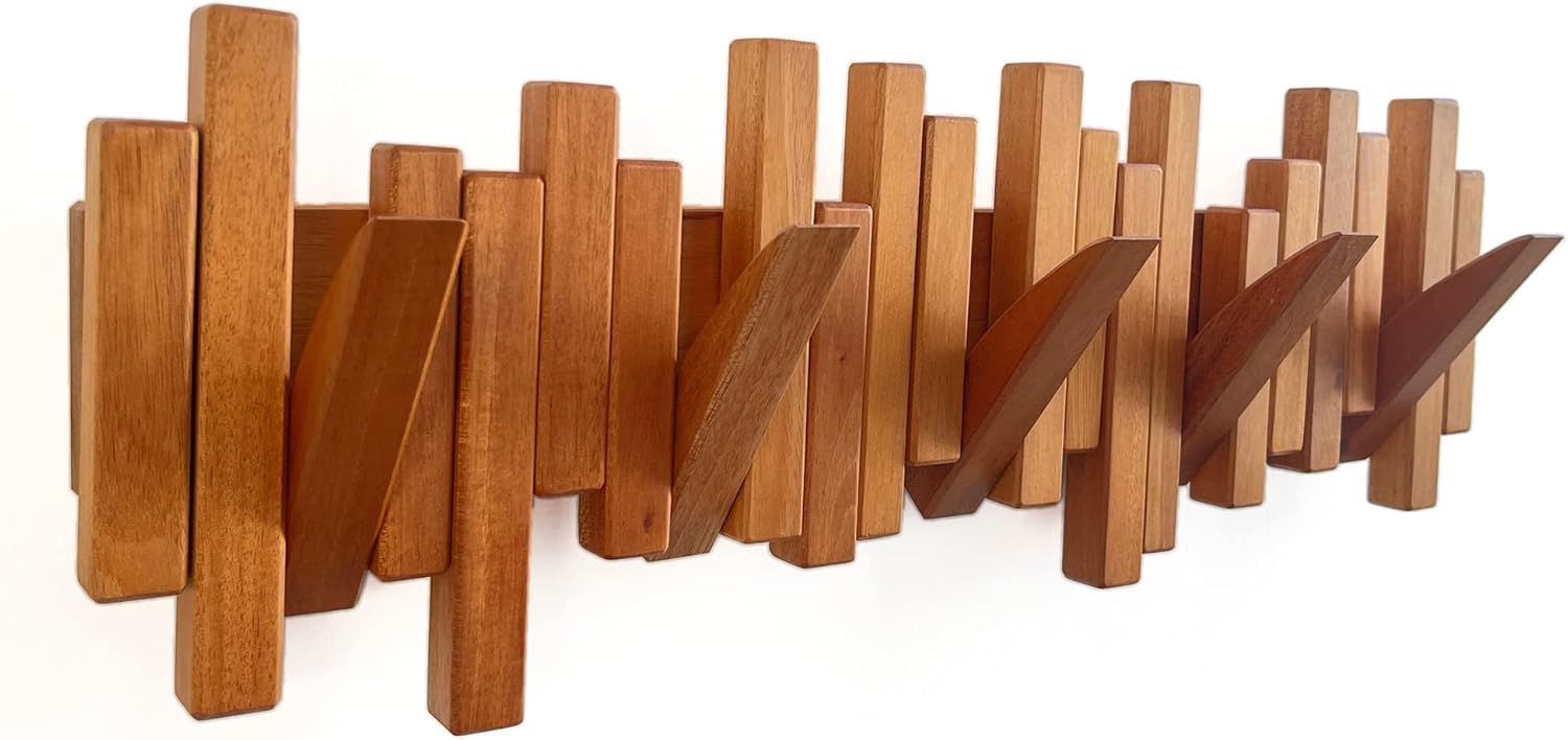 Wooden Coat Rack Wall Mounted Sticks Multi Rack Solid Handmade Natural Cherry Wood Artwork with 5 Flip-Down Unique Modern Hooks for Coats Bag Hat Umbrella