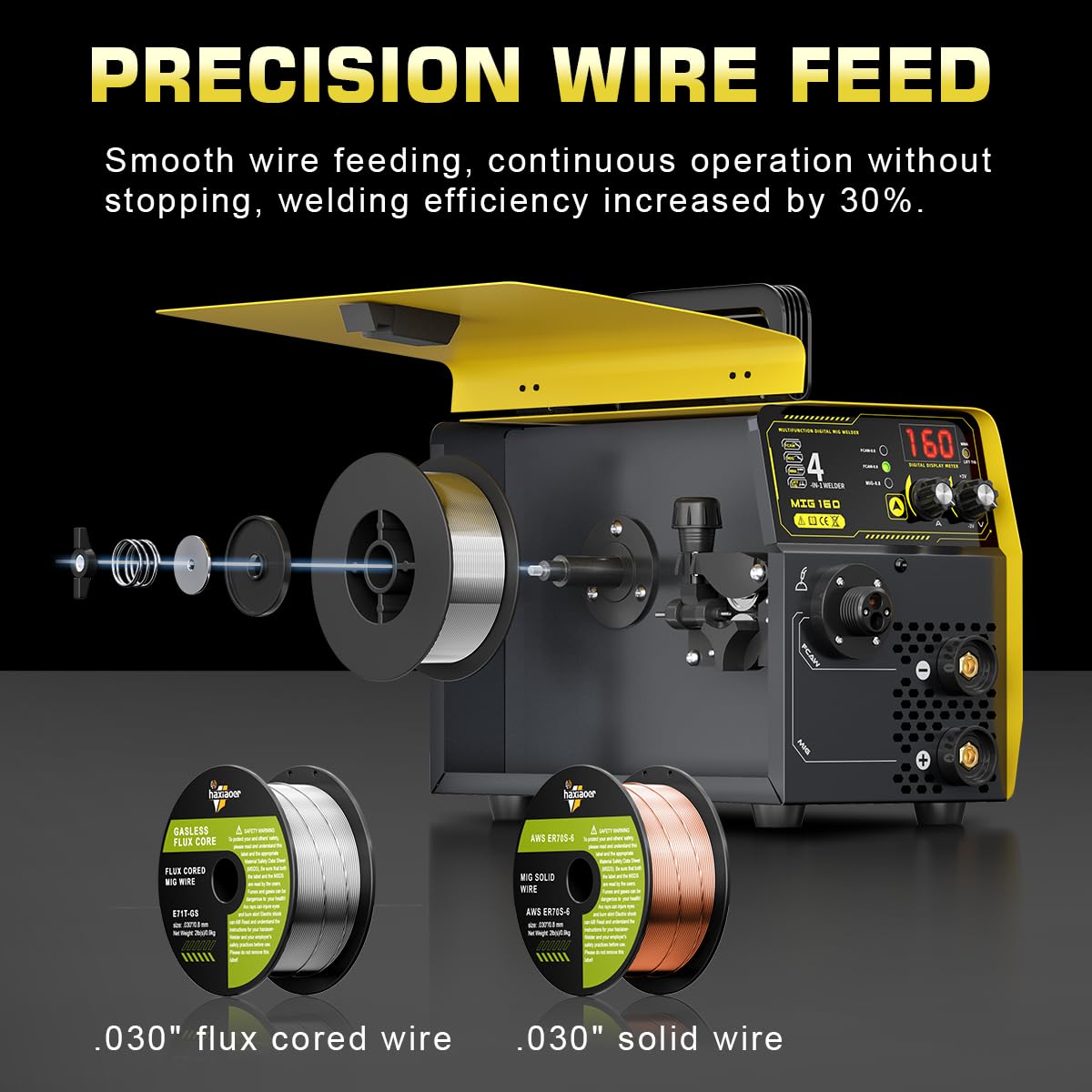 HAXIAOER 160A Schutzgas Schweissgerät MIG MAG, 4-in-1 Fülldraht Schweißgerät mit Fülldraht (FCAW)/MAG/MMA E-Hand/Lift TIG, Synergischem Drahtvorschub, IGBT, Fülldraht, Stahl Schweißdraht