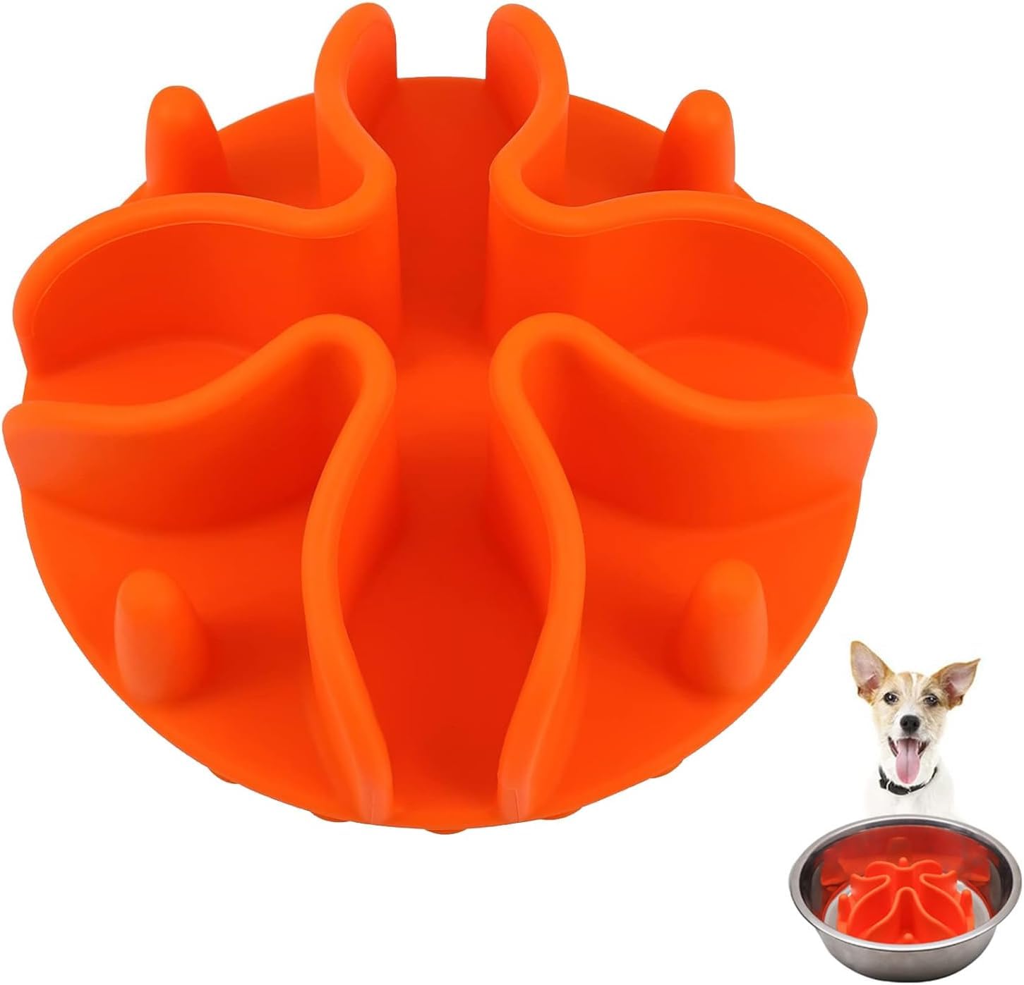 One Piece Silicone Slow Feeder Dog Bowl Insert Stong Suction Cups Silicone Pet Slow Feeder Spiral Insert for Most Dog Bowl Dog Dish (Orange