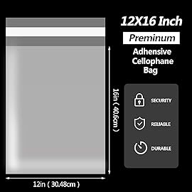 100 pcs Clear 12 x 16 Self Seal Cello Cellophane Bags Resealable Poly Bags 2.8 mils OPP Bag for Packaging Clothing, T Shirts, Party Decorative Gift