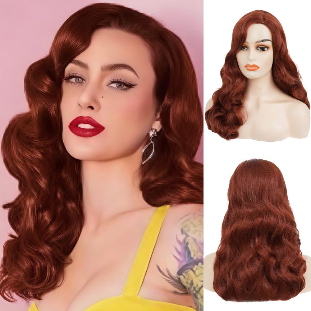 Rote Lockig Vintage Perücken für Damen Lange Fingerwelle Perücke Alte Hollywood Cosplay Retro Haar Perücke für 1920er Jahre Party Halloween Kostüm Verwenden (Braun Rote)