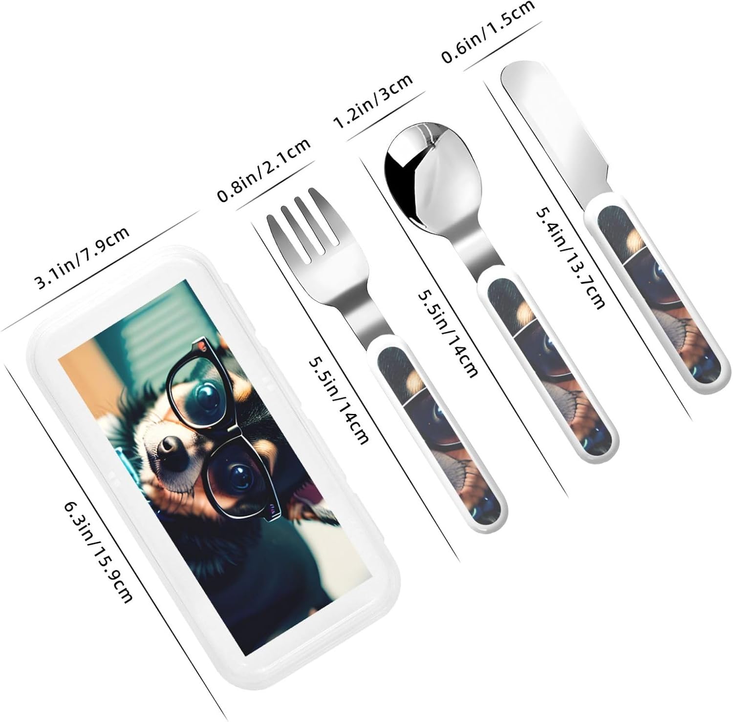 Chihuahua Dog Glasses Print Stainless Knife Spoon Fork 3-Piece Set,Flatware Cutlery Set With Storage Case