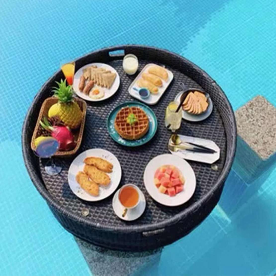 Pływająca taca do serwowania, okrągła, rattanowa tkana taca na napoje i jedzenie na wodzie, idealna na letnie imprezy przy basenie i brunch