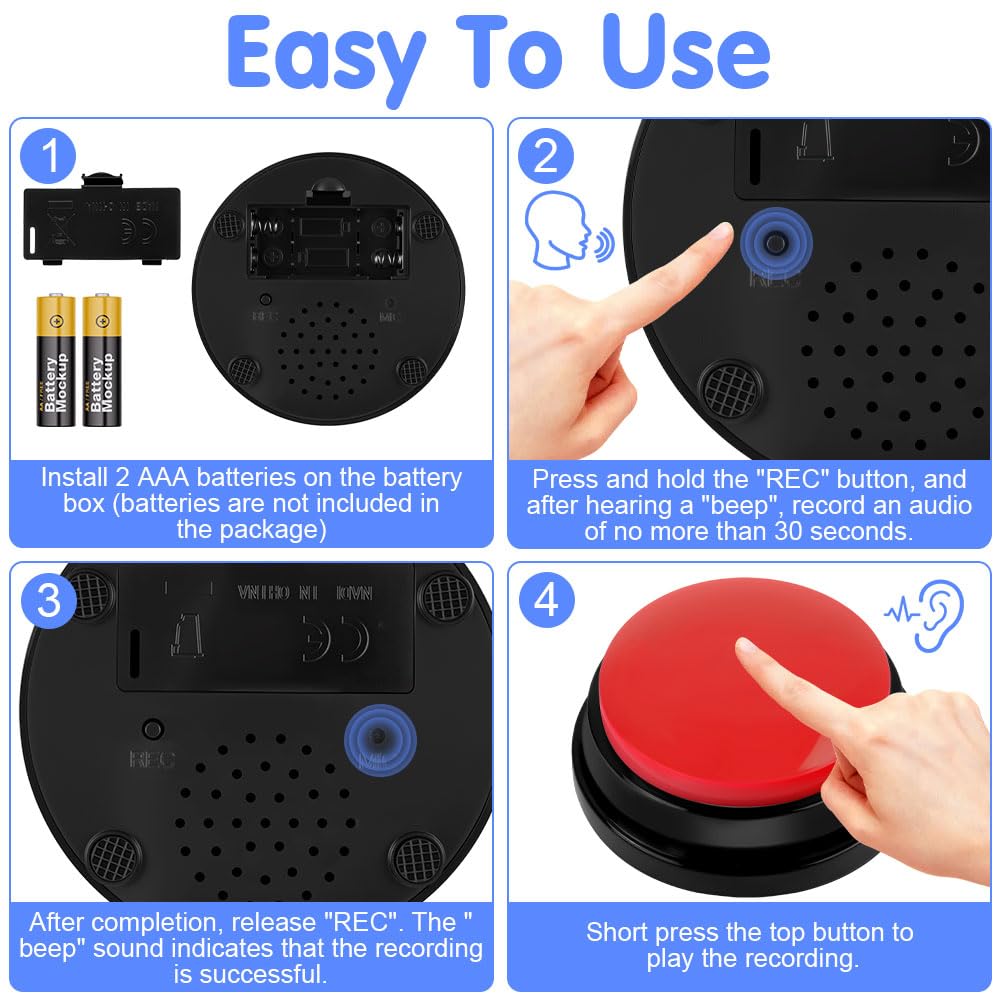 Buzzer Enregistrable Lot de 2, Boutons parlants, Bouton Enregistreur Buzzer Sonore avec Enregistrement de 30 Secondes, Bouton Communication pour Animaux