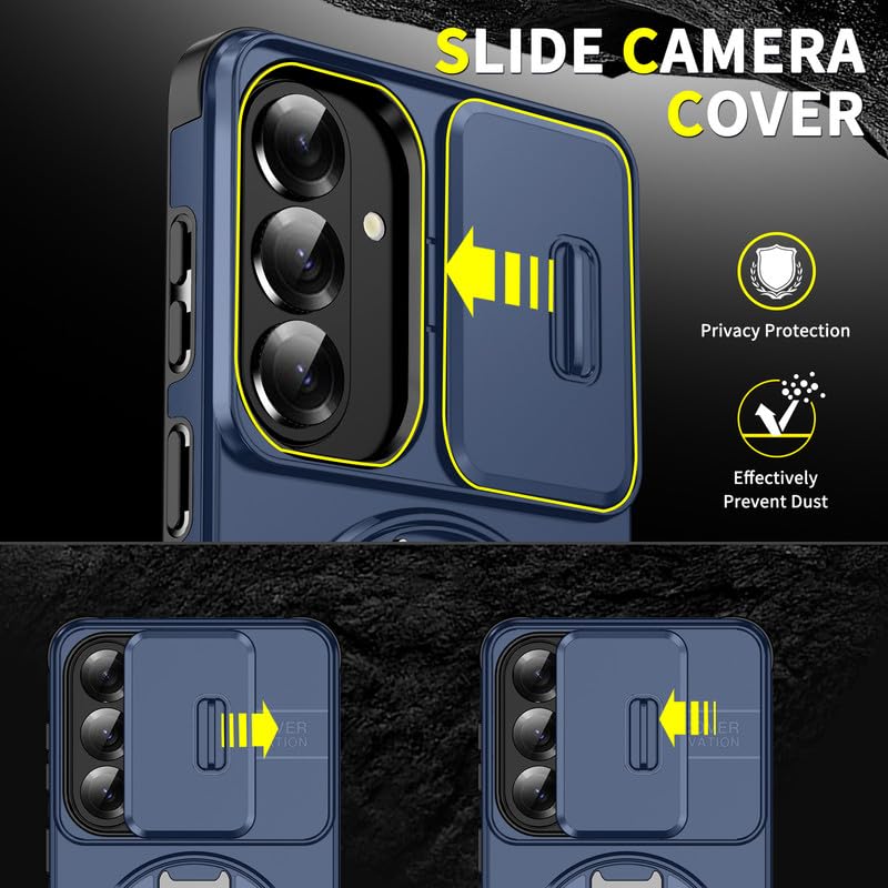 Image of LuxuryKase Shockproof Rugged Case for Samsung Galaxy S26 Plus | Slide Camera Cover | 360 Rotating Ring Kickstand | Military-Grade Protection - Navy Blue