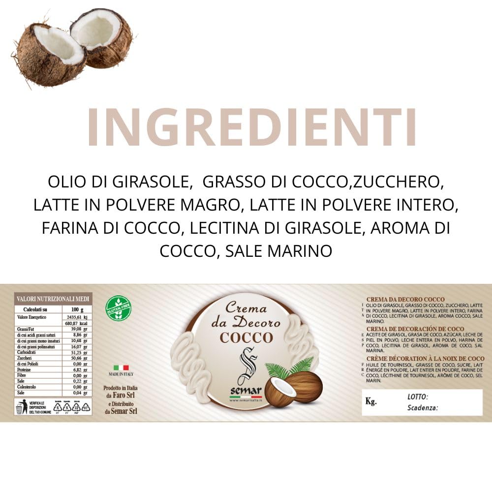 SEMAR® | Crema al Cocco Rapé - MADE IN ITALY - da 1KG ideale per privati ed uso commerciale -GlutenFree (COCCO)