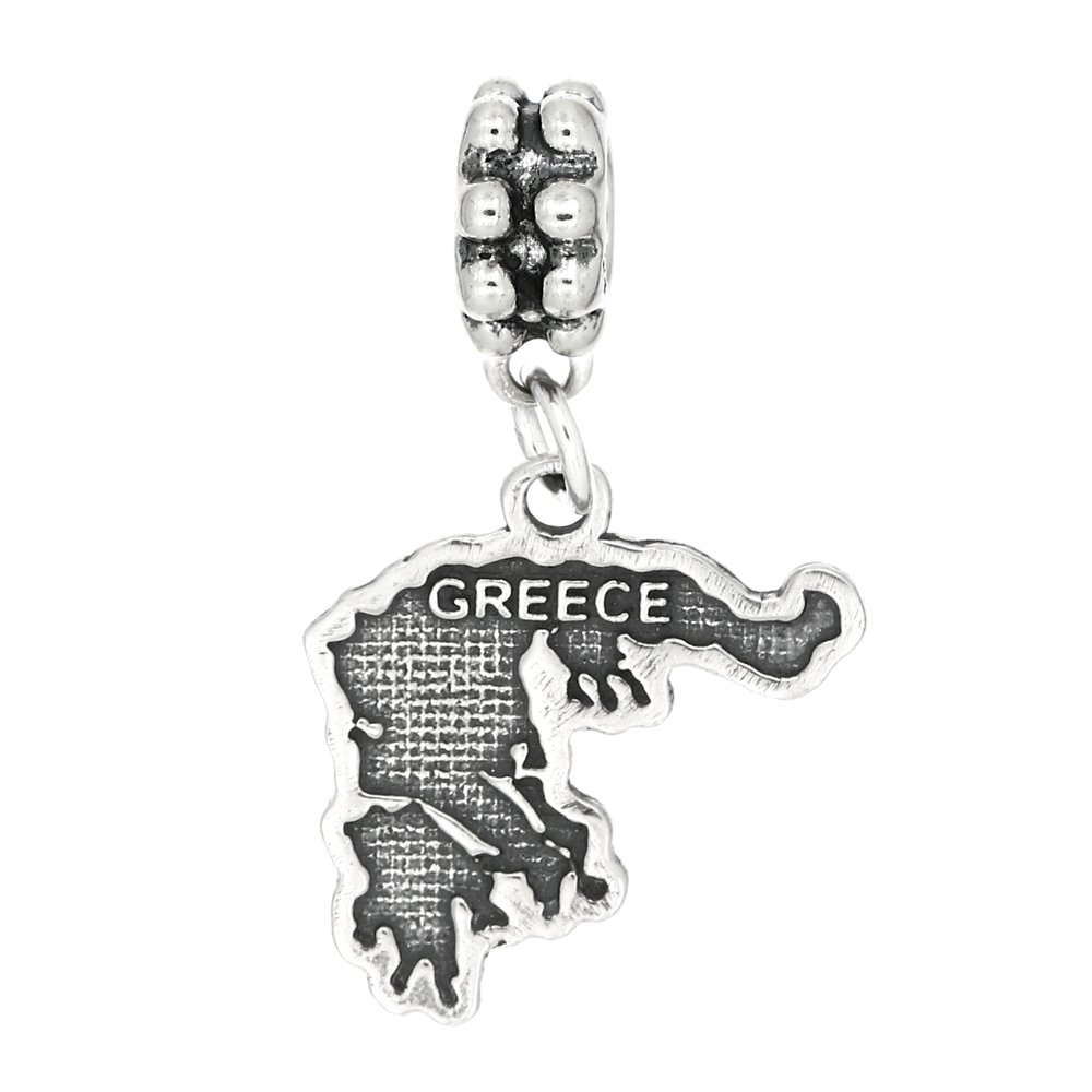 LGUSterling Silver Oxidized Greece Textured Map Dangle Bead Charm