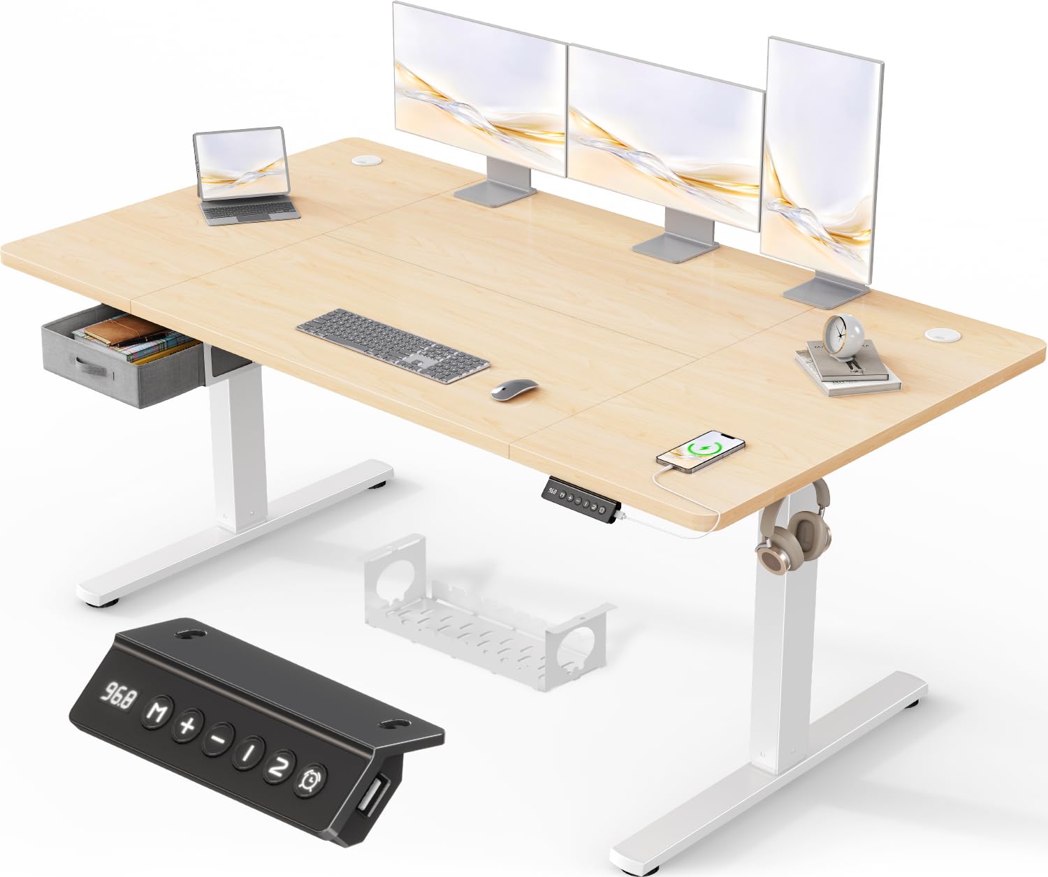 Devoko Höhenverstellbarer Schreibtisch Elektrischer, Schreibtisch mit Schubladen, USB-A Ladeanschluss, Computertisch mit Kabel Management Tray, Standing Desk mit 3 Memory Funktion