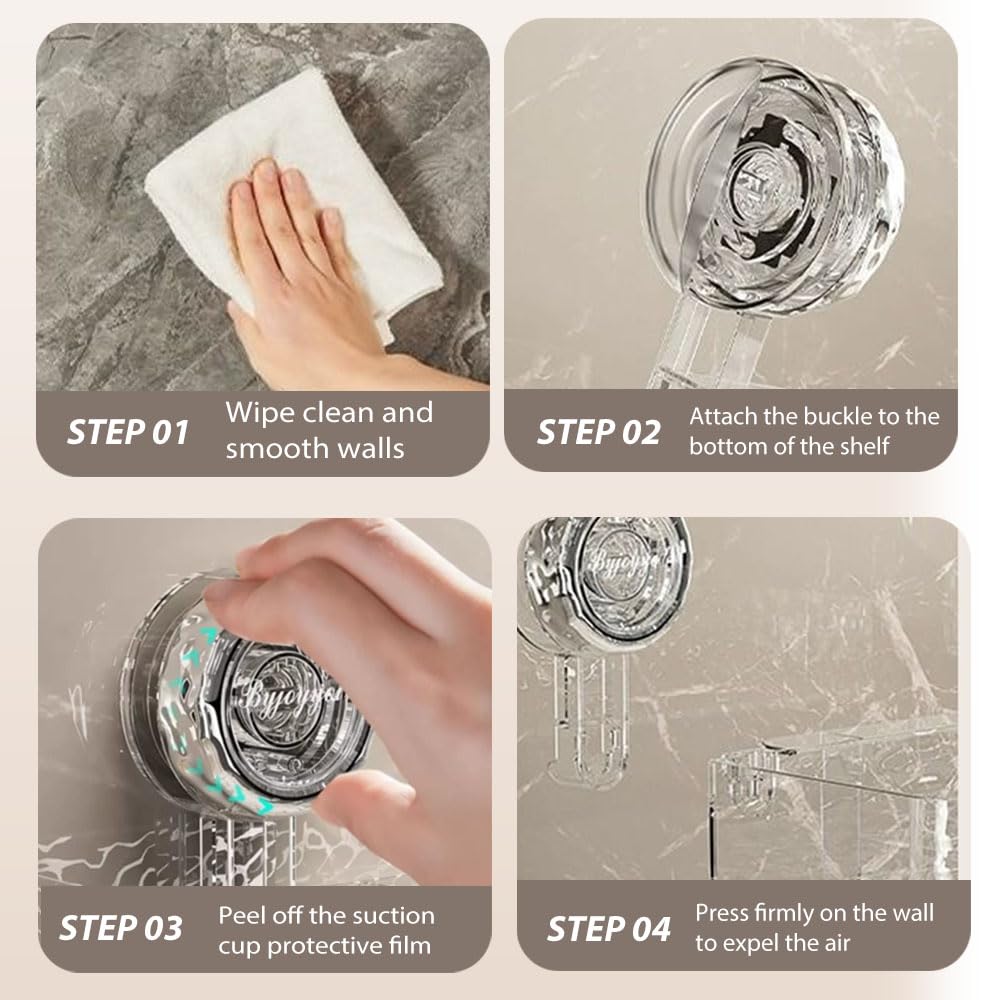 Organizador de ducha 2025 – Almacenamiento de baño montado en la pared con ventosas corrugadas, no requiere taladrar, estante de plástico extraíble para cocina y baño (transparente)