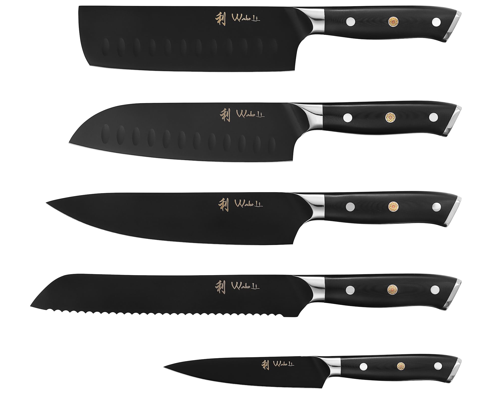 Wakoli Titanium Noir Messerblock-Set mit 5 Messern aus 5Cr15MoV-Stahl | Chefmesser, Brotmesser, Santoku, Nakiri und Allzweckmesser; G10-Griffe, Titanbeschichtung, einseitig magnetischer Messerblock