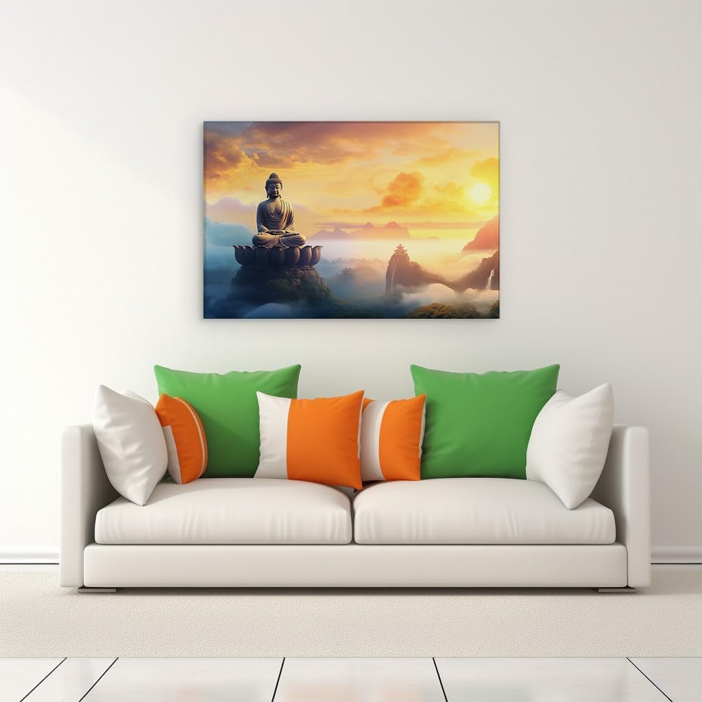 Canvas for Living room. Dawn of Serenity: Embracing Peace atop the Mountain Throned Buddha, 27 x 18 inch Canvas Wall Art - Surrealistic Visions - Modern Home Decor - 69x46 cm (27x18 inch)