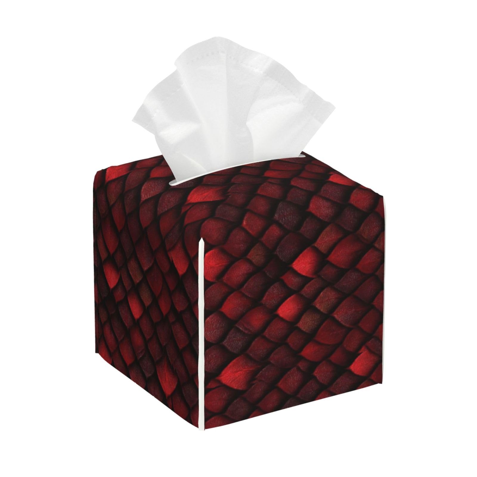 Dark Red Dragon Scales Print Tissue Box Cover Holder Square, Foldable Modern Cube Tissue Box Cover, Leather Decorative Organizer for Tabletop Bathroom Car Office Desk Decor