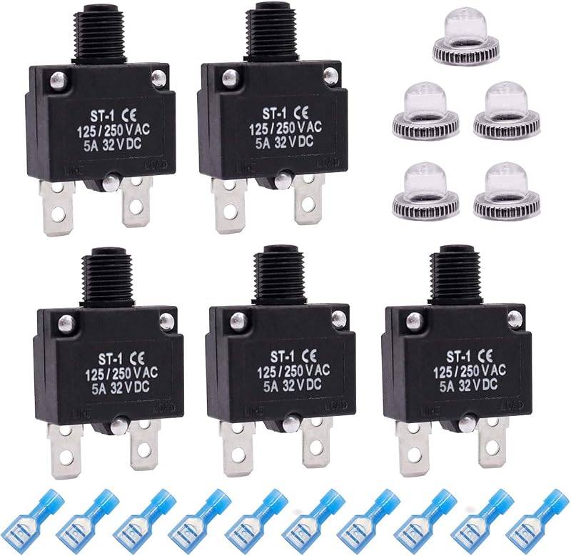 Disjuntor térmico unipolar mxuteuk 5 A com rearme por botão, 125/250 V AC e 32 V DC – Kit com 5 unidades