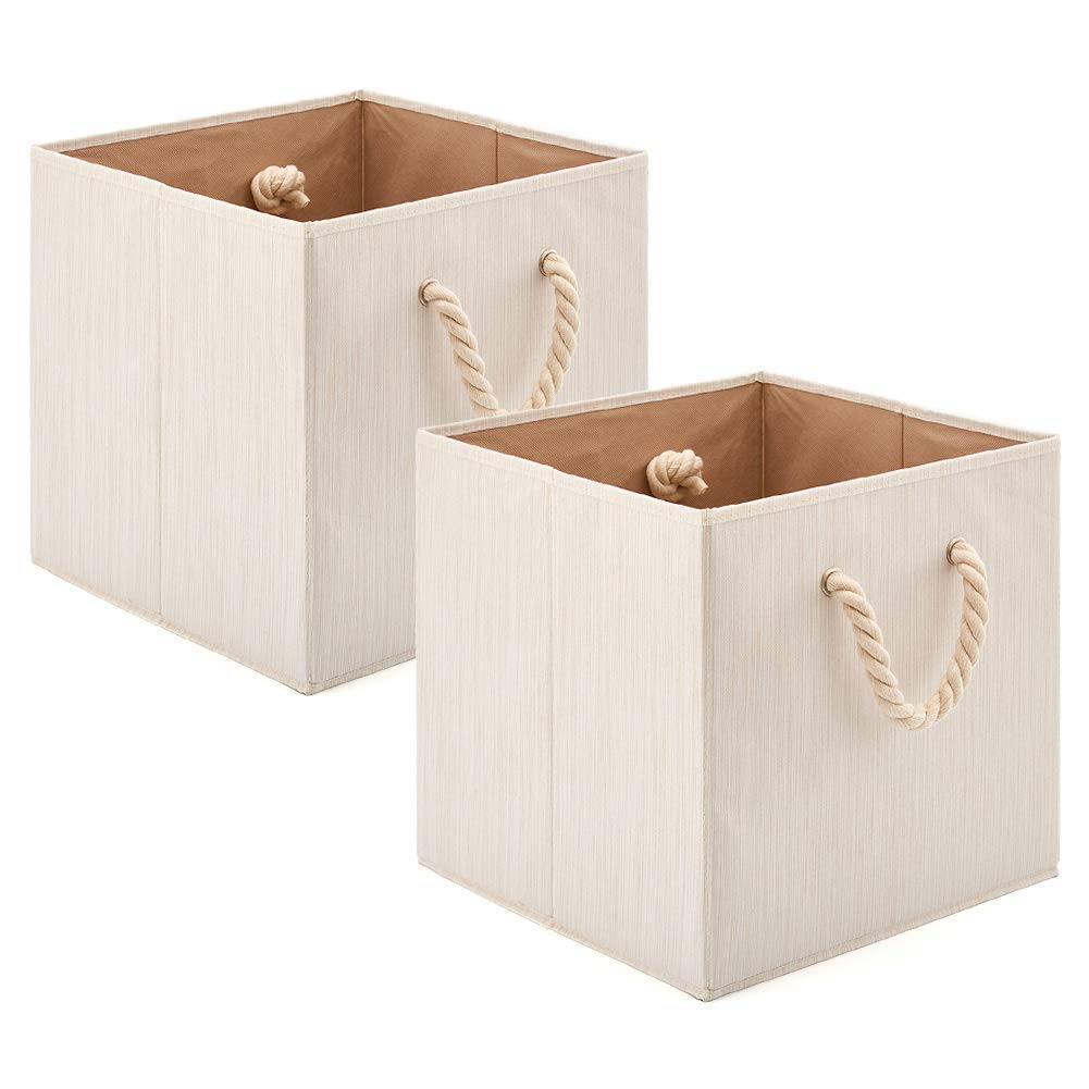 EZOWare Resistant Fabric Foldable Cube Storage Basket, Bamboo Cotton Box Containers With Soft Rope Handles For Shelves, Cabinets, Nursery - 2 Piece Set, Beige