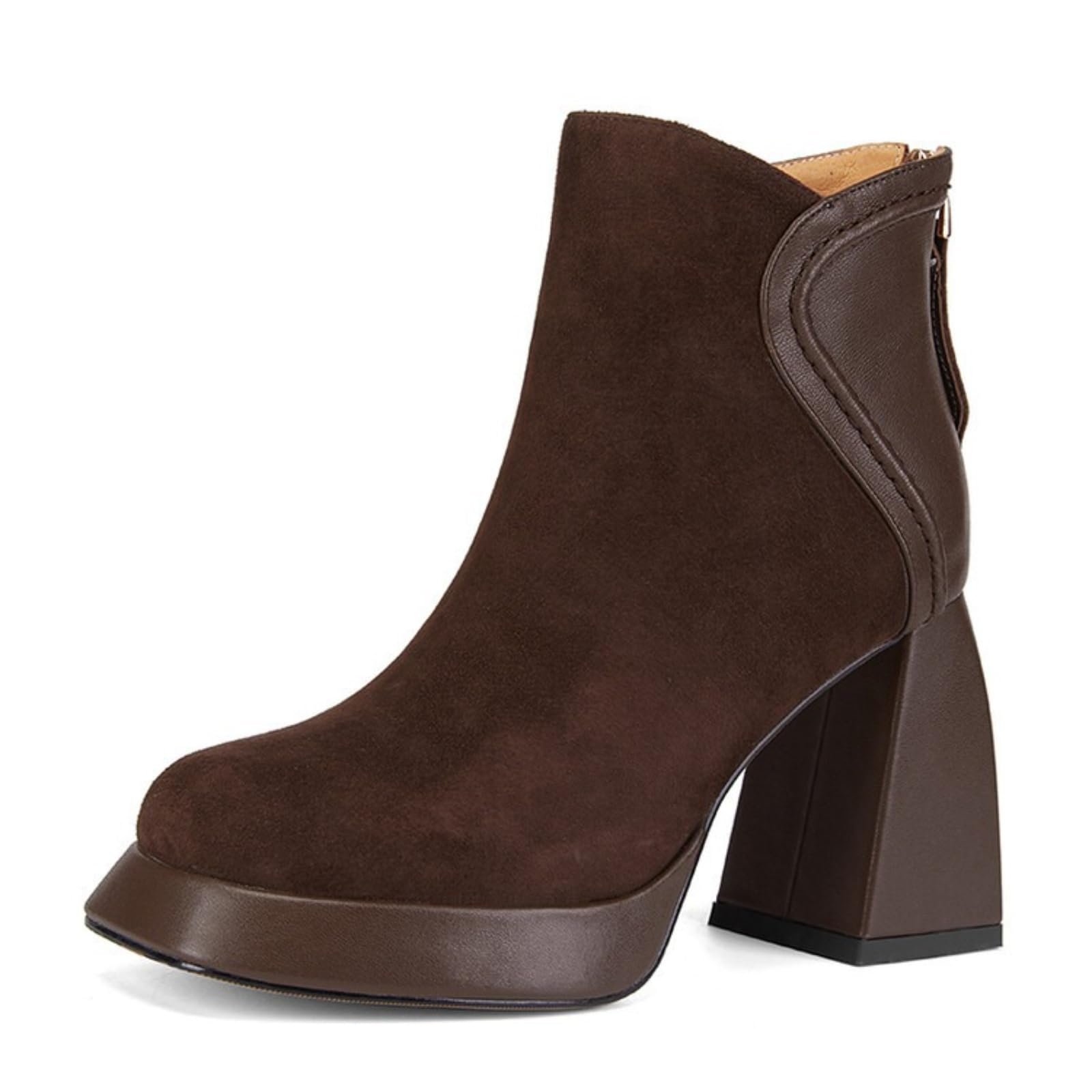 Womens Suede Rear Zipper Ankle Boots Classic Round Toe Platform Thick High Heel Comfortable Fashion Formal Womens Shoes