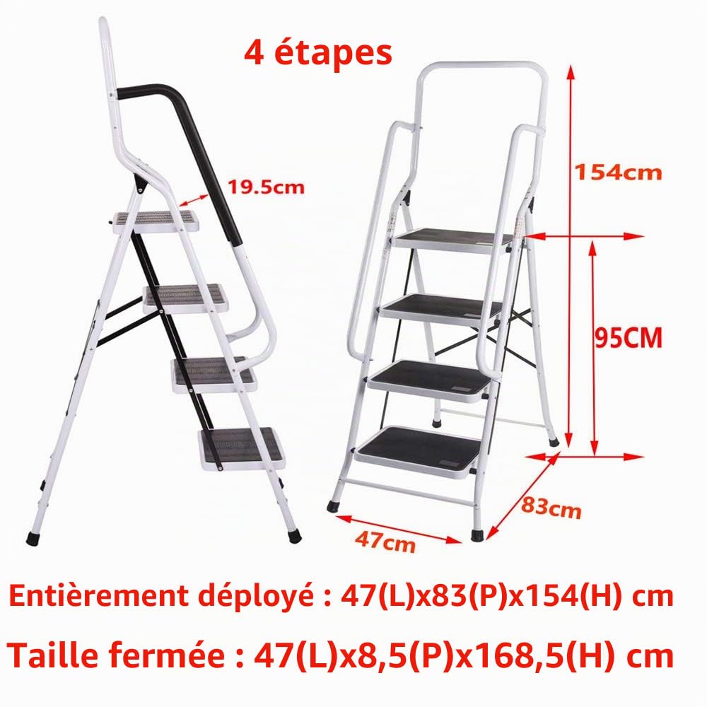 Escabeau 4 Marches Pliant avec Rampe de Sécurité Pliable avec Marche Antidérapante Mate Très Résistante Charge Maximale 150kg