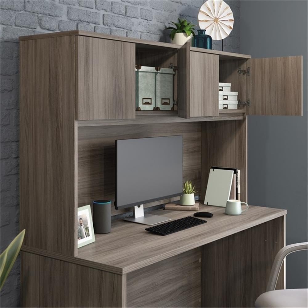 Pemberly Row 60x36 in Engineered Wood Office Hutch, Hudson Elm/Brown Finish, Hidden Storage Behind 4 Doors, Durable BIFMA-Standard Design, Desktop Cabinet for Office Organization and Storage
