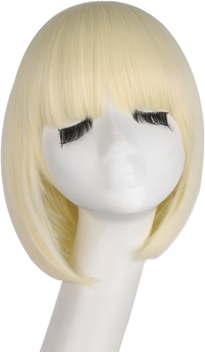 MapofBeauty12"/30cm Fashion Women Flat Bangs Short Synthetic Straight Bob Cosplay Wig (Light Blonde)