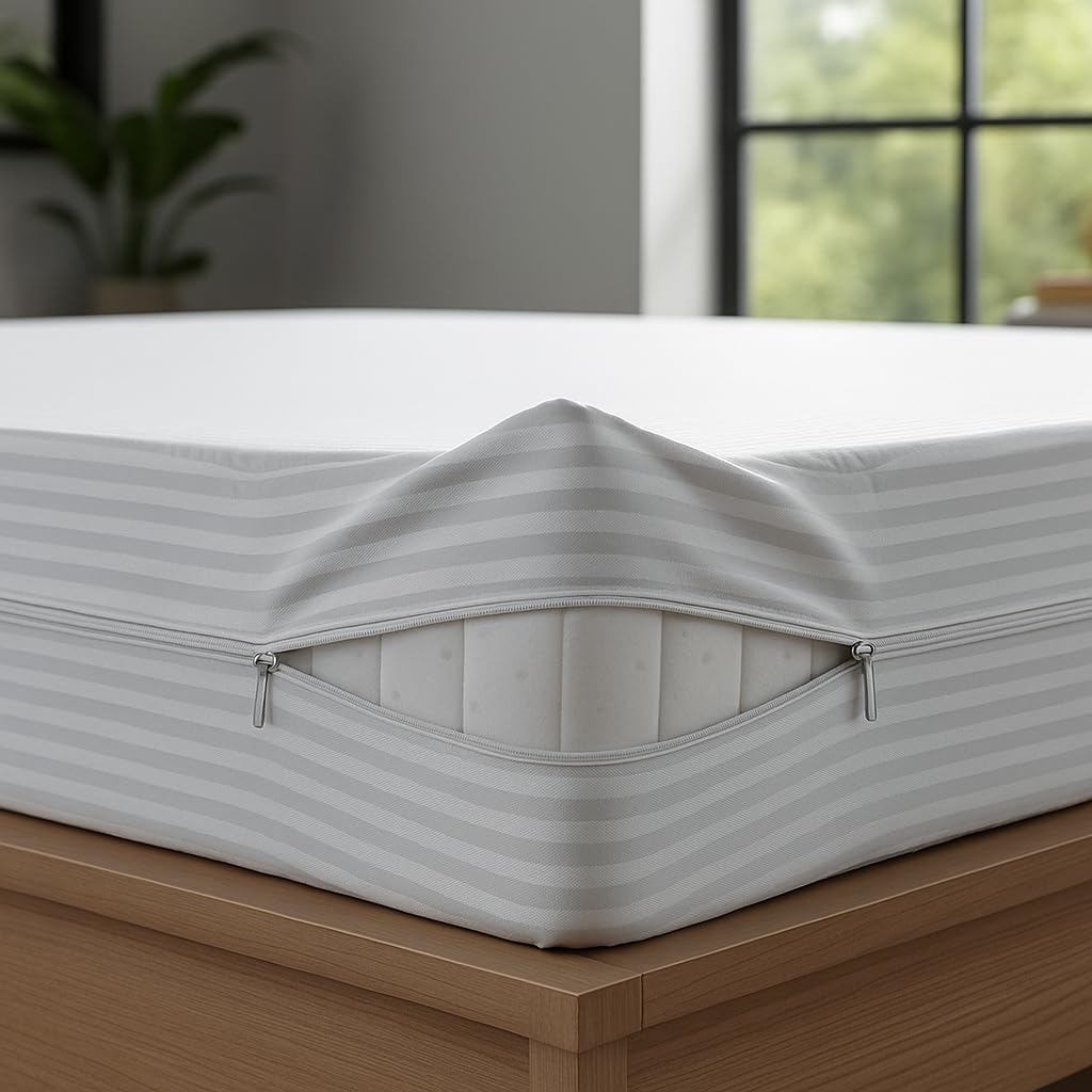 Mattress Cover King Size Bed Satin Stripe - Anti Bed Bug Mattress Encasement Full Zipper King Mattress Bed Cover Non Waterproof Zipped Mattress Protector Non Noisy Hypoallergenic (White, King Size)