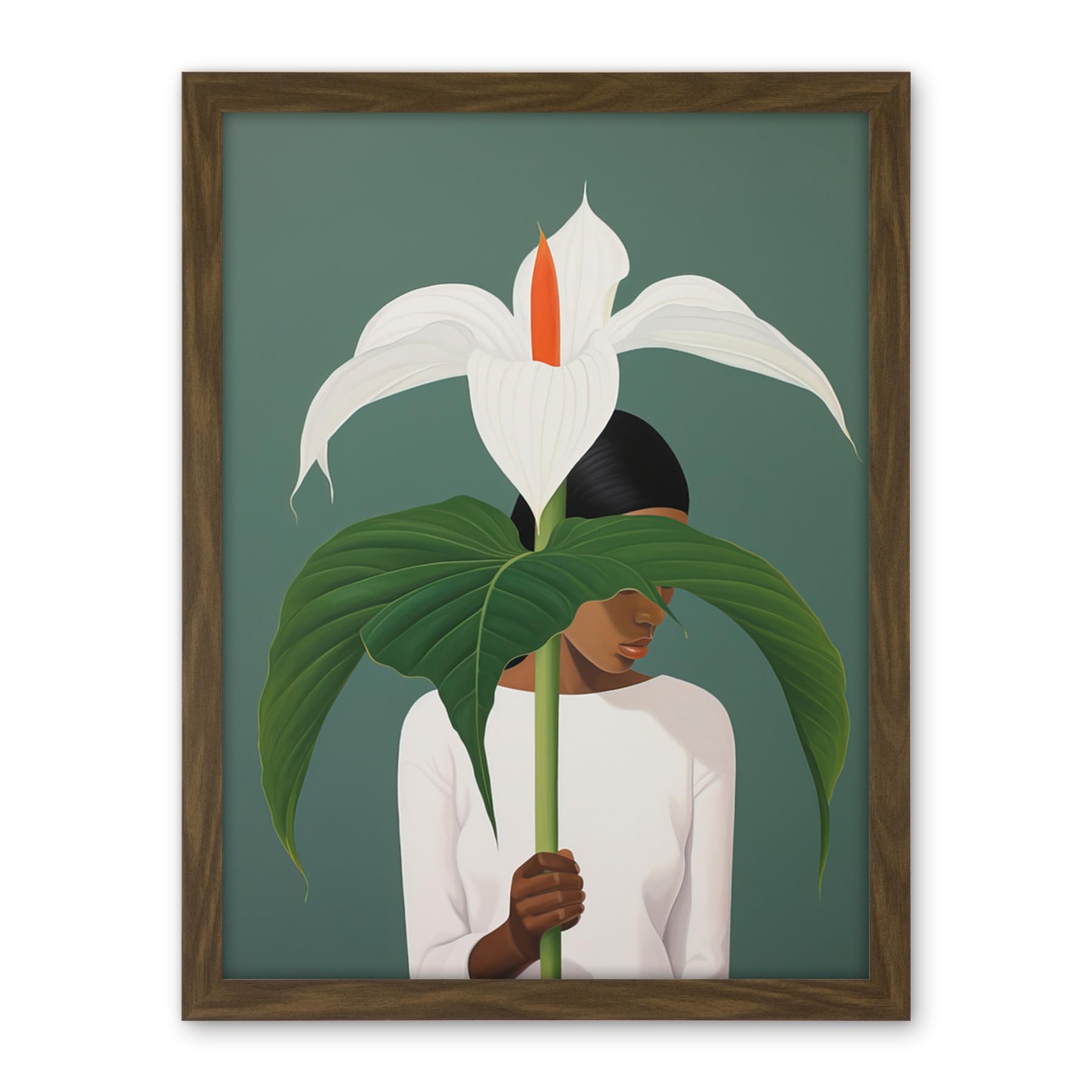 Artery8 Giant Peace Lily Showcase Realistic Oil Painting White Teal Green Woman with Flower Minimalist Artwork Framed Wall Art Print 18X24 Inch