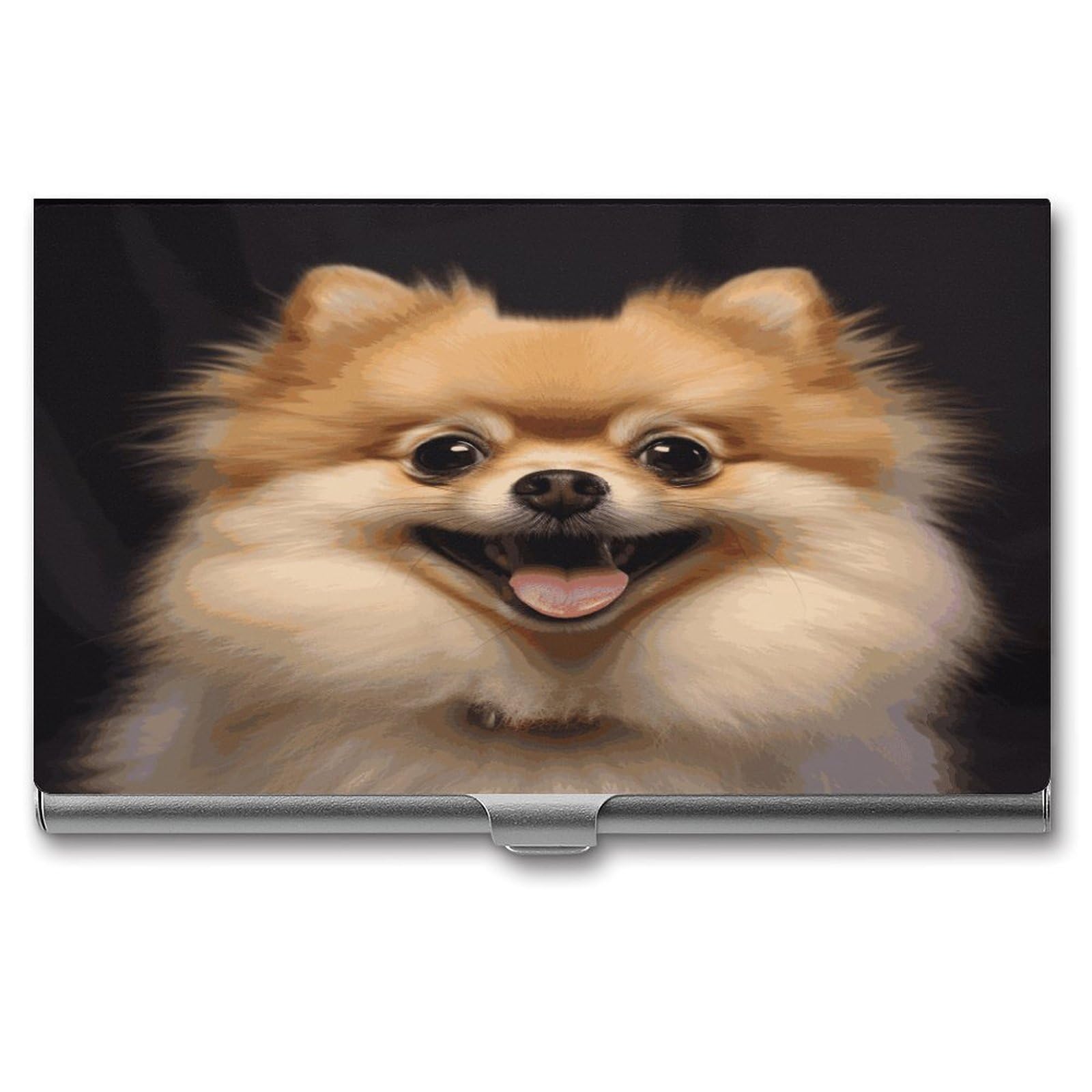 JTREHY Happy Short-haired Pomeranian Business Card Holder Slim Purse Name Card Holder Portable Metal Business Card Case Wallet Large Capacity Lightweight Business Card Case for Men Women