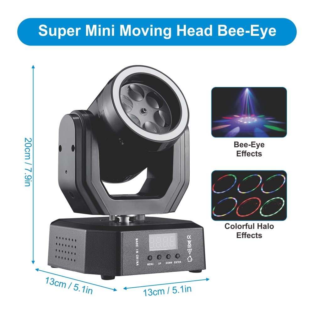 Mini luce a testa mobile, 30 W, luci a LED compatte per palcoscenico DJ, testa mobile occhi d'api con effetti aureola, telecomando/DMX512/controllo del suono per matrimoni, DJ party, discoteca