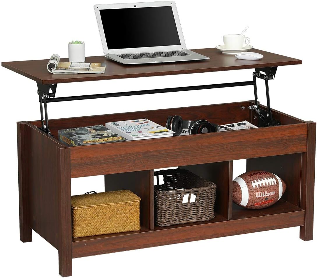 Itaar 41'' Lift Top Coffee Table with Hidden Storage Compartment & Shelf, Modern Lift Tabletop Dining Table for Living Room, Cherry-red