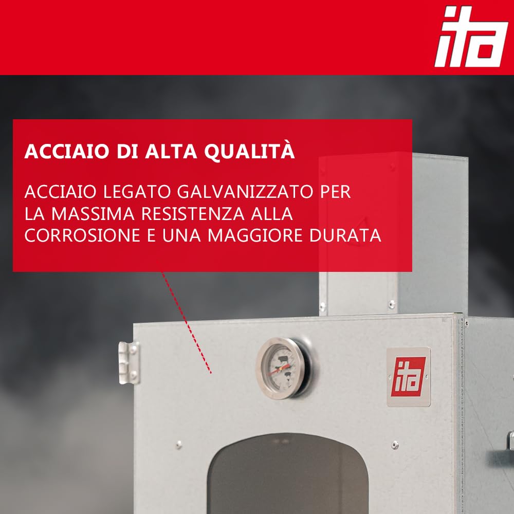 ITA Affumicatore Elettrico 7012 - Set Smoker con Riscaldamento, Tavolo - Armadio con Finestra e Camino - Acciaio Legato - Qualità UE, Diretto dal Produttore - 81 cm con 3 Ripiani