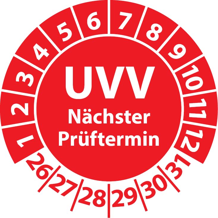 Tabliczka kontrolna UVV, następna data kontrolna, folia winylowa, naklejka kontrolna, etykieta kontrolna, plakat z atestem UV (30 mm Ø, czerwona, 500)