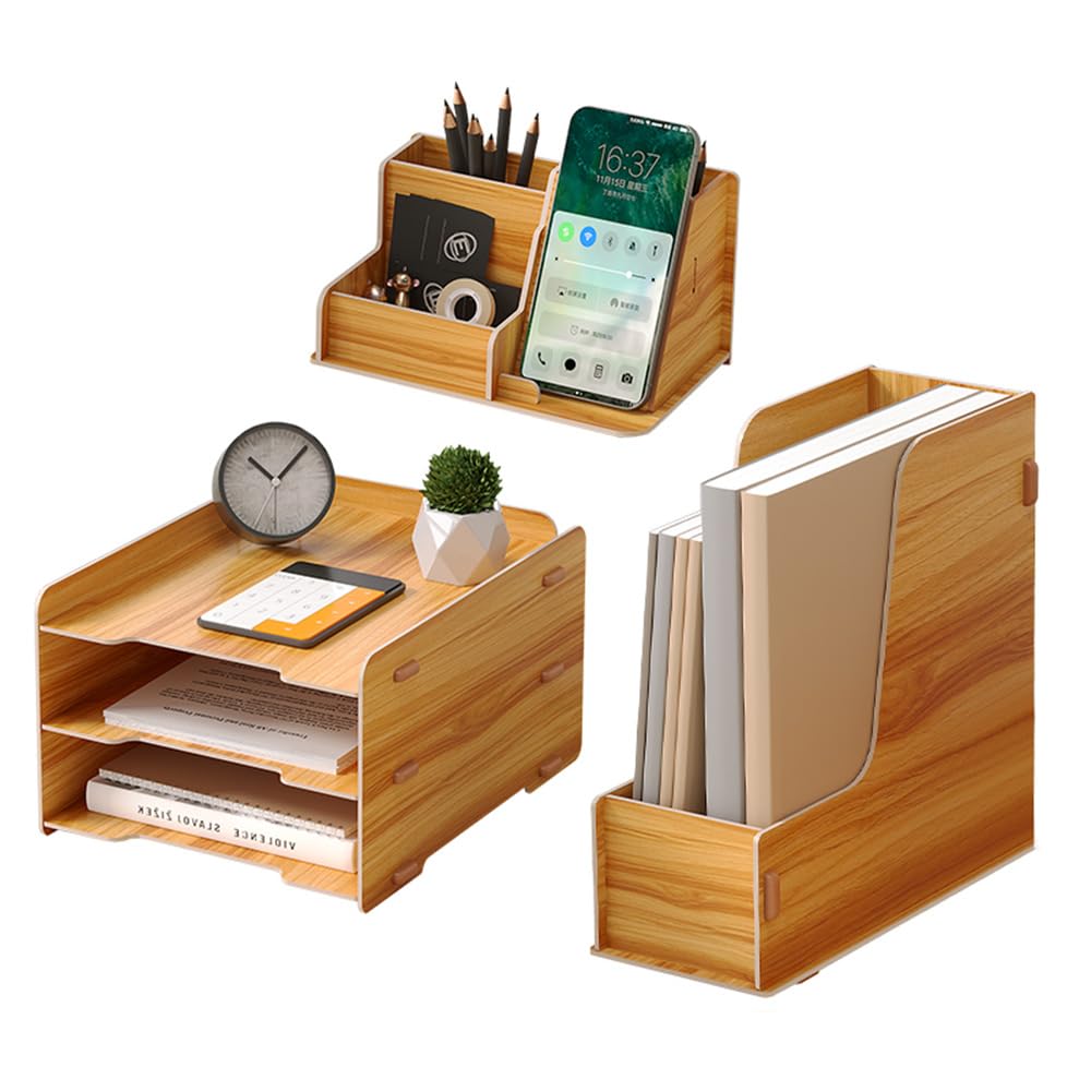 NUODWELL Juego de organizador de escritorio de madera, bandeja de papel de 3 niveles, soporte para documentos A4/soporte para bolígrafos, organizador de escritorio y almacenamiento para suministros de