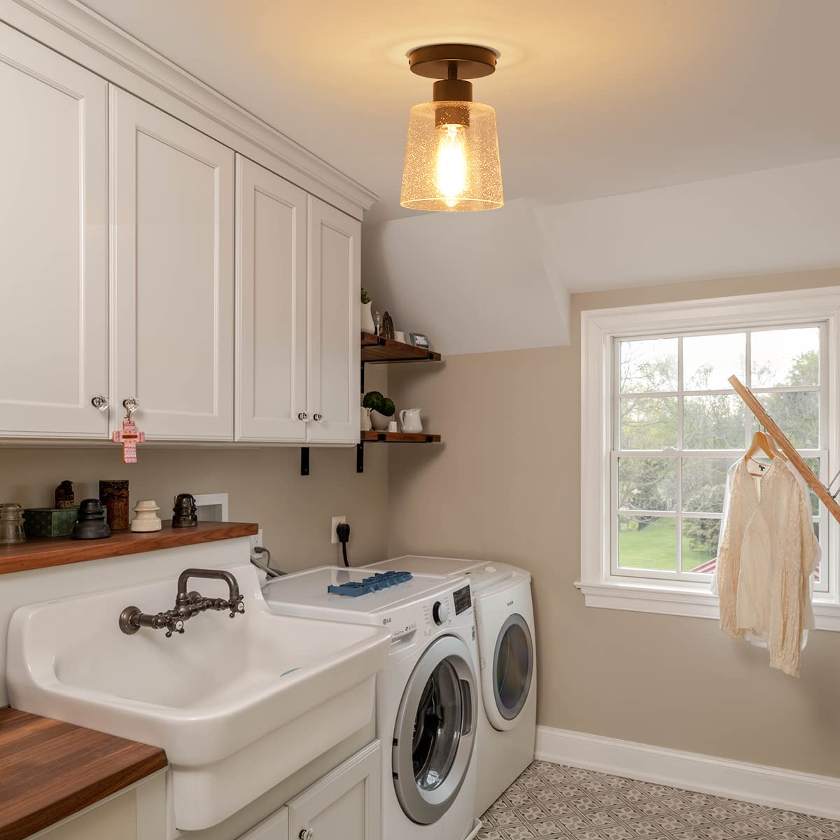 Create For Life Industrial Semi Flush Mount Ceiling Light,Black Hallway Light Fixture,Bubbles Glass Shade Close to Ceiling Light,Modern Farmhouse Flush Mount Ceiling Light for Kitchen Foyer,1 Pack