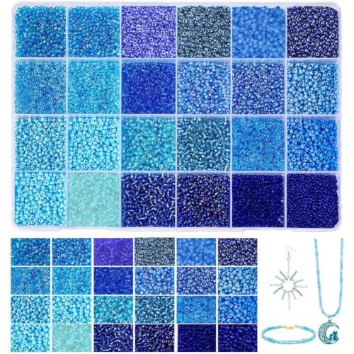 PH PandaHall 24000pcs Glass Seed Beads 2mm 12/0 Mini Blue Friendship Waist Bead 24 Colors Ocean Sea Small Tiny Spacer Beads for Bracelet Making Summer Seaside Beading Weaving