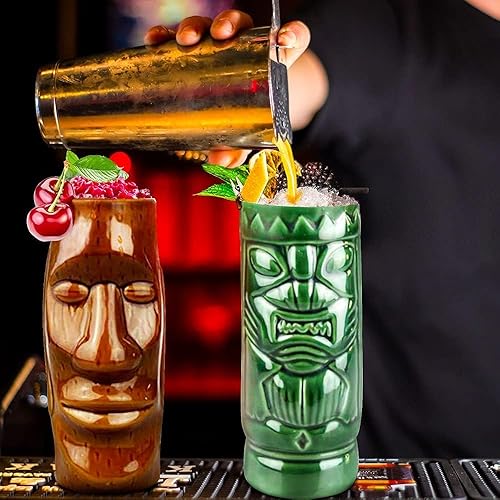 Miniatura 7 de Tiki Mugs - Juego de 4 tazas de cóctel de cerámica hawaiana Luau para fiesta, vasos de cóctel exóticos, Tiki Bar profesional hawaiano para fiestas,